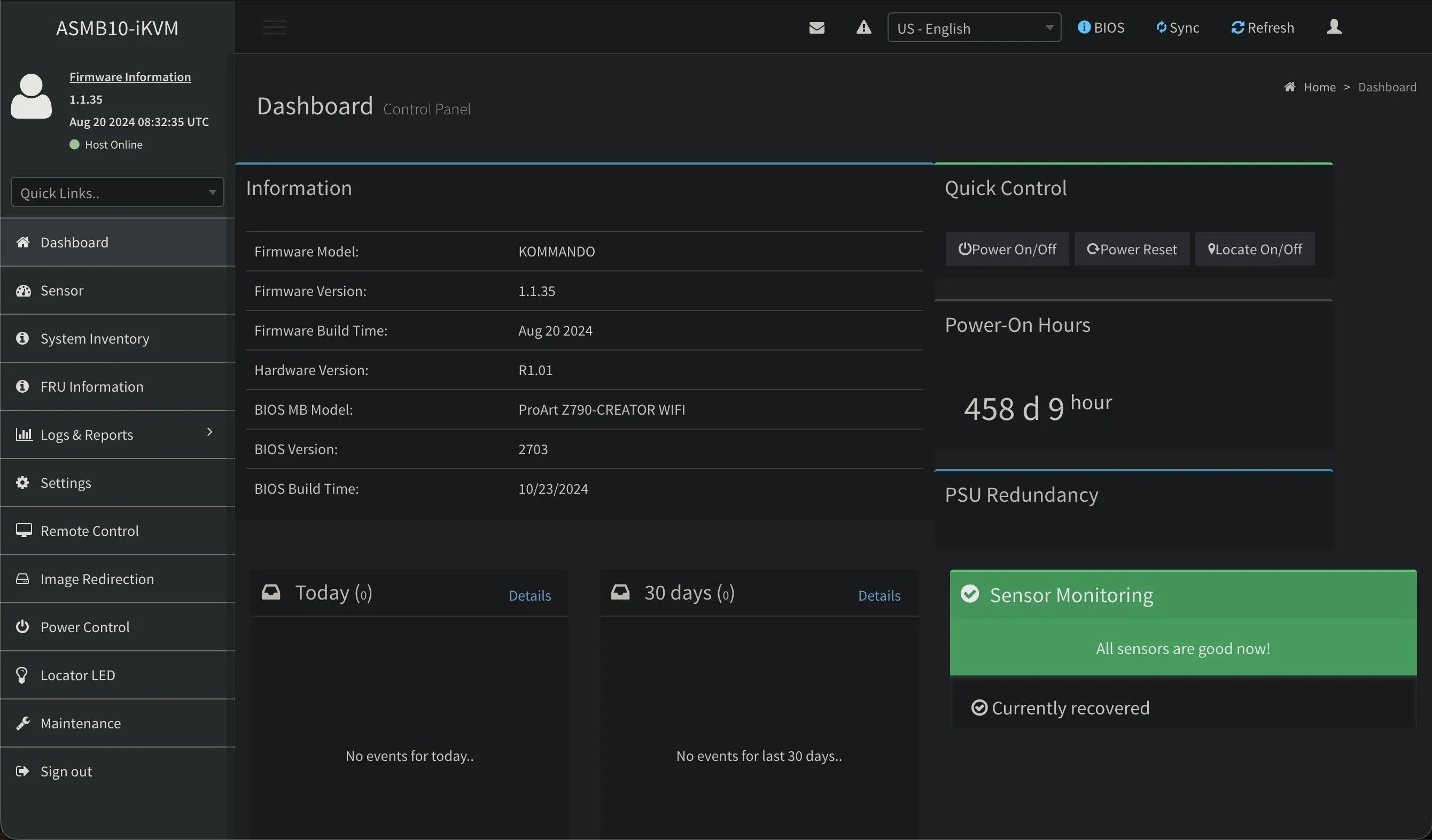The ASMB10-iKVM dashboard: firmware info, the ProArt Z790-CREATOR WIFI, power-on hours, and all sensors healthy.