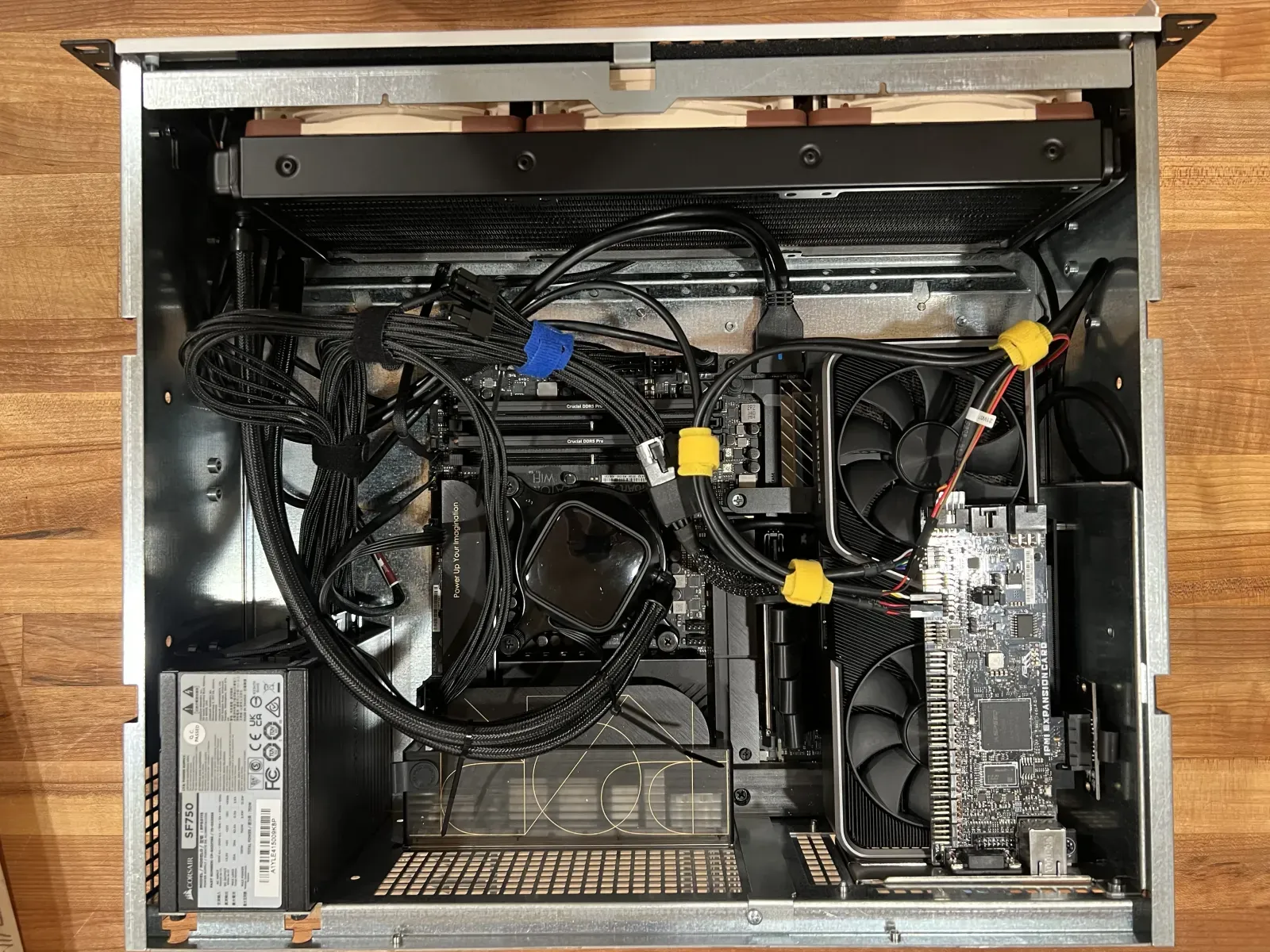 Lore's internals: the ProArt Z790 crammed into 3U with the 3070FE and ASUS IPMI card cooled by the 360mm AIO.